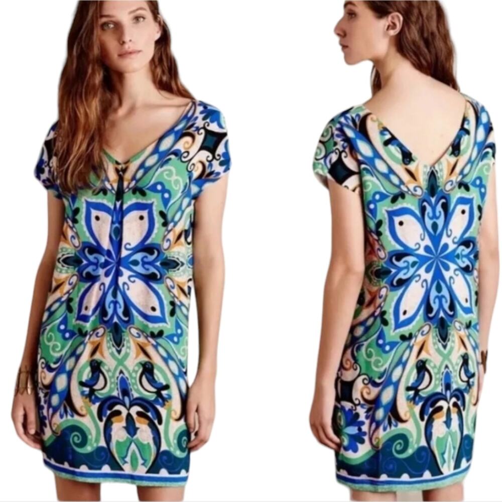 ANTHROPOLOGIE MAEVEโ BLUE GREEN FOLKSONG BIRD SHIFT DRESS SMALL